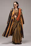 Buy MATI_1 Brown Cotton Round Neck, Collared Striped Bodysuit Saree And Jacket Set at Aza Fashions Buy_MATI_1_Brown Cotton Round Neck, Collared Striped Bodysuit Saree And Jacket Set _at_Aza_Fashions