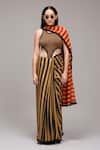 MATI_1 Brown Cotton Round Neck, Collared Striped Bodysuit Saree And Jacket Set at Aza Fashions MATI_1_Brown Cotton Round Neck, Collared Striped Bodysuit Saree And Jacket Set _at_Aza_Fashions