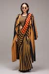 Buy MATI_1 Brown Cotton Round Neck, Collared Striped Bodysuit Saree And Jacket Set Buy_MATI_1_Brown Cotton Round Neck, Collared Striped Bodysuit Saree And Jacket Set