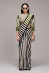 Buy Mati Green Cotton Fringe Round Neck Striped Saree And Blouse Set at Aza Fashions Buy_Mati_Green Cotton Fringe Round Neck Striped Saree And Blouse Set _at_Aza_Fashions