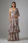 Buy_Vana Ethnics_Beige Chinon, Lurex Sequins V-neck Printed Ruffled Lehenga Saree With Blouse _at_Aza_Fashions