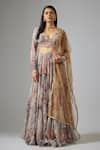 Buy Vana Ethnics Beige Lurex, Chinon Sequins V-neck Printed Tiered Lehenga Set at Aza Fashions Buy_Vana Ethnics_Beige Lurex, Chinon Sequins V-neck Printed Tiered Lehenga Set _at_Aza_Fashions