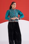 Buy_TA’Assur_Teal Wool Embroidery Mandarin Collar Rupsi Jacket _at_Aza_Fashions