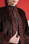 TA’Assur Brown Velvet Sequins, Metallic Thread Open Neck Mastani Embroidered Jacket at Aza Fashions TA’Assur_Brown Velvet Sequins, Metallic Thread Open Neck Mastani Embroidered Jacket _at_Aza_Fashions