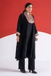 Buy_TA’Assur_Black Wool Embroidery, Sequins, Mirrors Split V-neck Zubaida Phiran Kurta _at_Aza_Fashions
