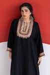 TA’Assur_Black Wool Embroidery, Sequins, Mirrors Split V-neck Zubaida Phiran Kurta _at_Aza_Fashions