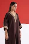 TA’Assur_Brown Wool Embroidery, Zari, Beads V-neck Roha Phiran Kurta _Online_at_Aza_Fashions