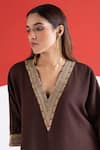 Buy_TA’Assur_Brown Wool Embroidery, Zari, Beads V-neck Roha Phiran Kurta _Online_at_Aza_Fashions