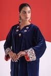 Shop TA’Assur Blue Velvet Embroidery, Sequins Split V-neck Roha Phiran Kurta Online at Aza Fashions Shop_TA’Assur_Blue Velvet Embroidery, Sequins Split V-neck Roha Phiran Kurta _Online_at_Aza_Fashions
