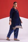 Buy TA’Assur Blue Velvet Embroidery, Sequins Split V-neck Roha Phiran Kurta Buy_TA’Assur_Blue Velvet Embroidery, Sequins Split V-neck Roha Phiran Kurta