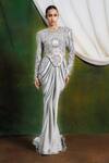Buy_Siddhartha Bansal_Gray Silk, Satin Beads, Sequins Round Neck, Lambani Jacket With Cowl Dress _at_Aza_Fashions