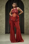 Buy_Muskan Aggarwal_Red Net, Organza Sequins, Beads, Scarlete Embroidered Corset Palazzo Set _at_Aza_Fashions
