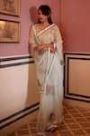 Buy_Atelier Shikaarbagh_White Silk Organza, Brocade Sequins Leaf Border Embroidered Saree 