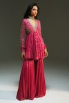 Shop Mahima Mahajan Fuchsia Georgette Embroidery, Foil Naina Hand Peplum Kurta And Sharara Set Online at Aza Fashions Shop_Mahima Mahajan_Fuchsia Georgette Embroidery, Foil Naina Hand Peplum Kurta And Sharara Set _Online_at_Aza_Fashions