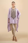 Prisho Purple Embroidery, Tassels Round Neck Asymmetric Kaftan With Pant Online at Aza Fashions Prisho_Purple Embroidery, Tassels Round Neck Asymmetric Kaftan With Pant _Online_at_Aza_Fashions