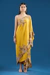 Shop Anamika Khanna Yellow Embroidery, Sequins, Zari Off-shoulder, Bandeau Kurta Draped Skirt Set Online at Aza Fashions Shop_Anamika Khanna_Yellow Embroidery, Sequins, Zari Off-shoulder, Bandeau Kurta Draped Skirt Set _Online_at_Aza_Fashions