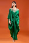 Buy Anamika Khanna Emerald Green Embroidery V-neck Yoke Draped Cape Dress at Aza Fashions Buy_Anamika Khanna_Emerald Green Embroidery V-neck Yoke Draped Cape Dress _at_Aza_Fashions