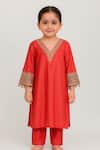Tiny Pants_Orange Cotton Embroidery, Tassels, Zari Coral Kurta Set _Online_at_Aza_Fashions
