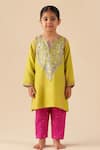 Buy_Tiny Pants_Lime Cotton Mirrors, Embroidery, Gota Patti Green Work Kurta And Pant Set _at_Aza_Fashions