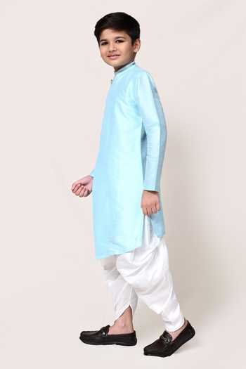 Petite Pomme_Sky Blue Silk Asymmetric Kurta And Dhoti Pant Set _Online_at_Aza_Fashions