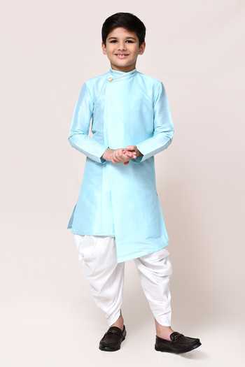 Buy_Petite Pomme_Sky Blue Silk Asymmetric Kurta And Dhoti Pant Set _at_Aza_Fashions