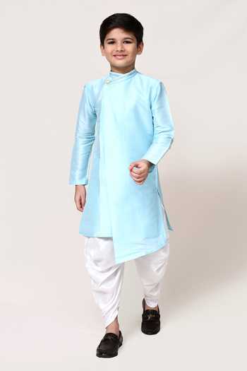 Shop_Petite Pomme_Sky Blue Silk Asymmetric Kurta And Dhoti Pant Set _Online_at_Aza_Fashions