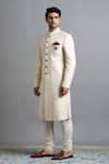Gargee Designers_Ivory Brocade Studs, Brooches Advait Sherwani Set _Online_at_Aza_Fashions