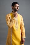 Shop Gargee Designers Mustard Chanderi Silk Embroidery, Foil Printing Surya Tej Kurta Set Online at Aza Fashions Shop_Gargee Designers_Mustard Chanderi Silk Embroidery, Foil Printing Surya Tej Kurta Set _Online_at_Aza_Fashions