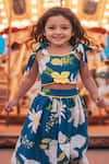 Fayon Kids_Blue Cotton Bows, Piping, Lace, Pom-poms Floral Printed Top With Lehenga _Online_at_Aza_Fashions