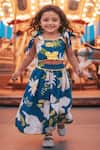 Buy_Fayon Kids_Blue Cotton Bows, Piping, Lace, Pom-poms Floral Printed Top With Lehenga _at_Aza_Fashions