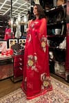 Atelier Shikaarbagh_Red Blouse - Plain Satin, Saree - French Organza Floral, Embroidered _at_Aza_Fashions
