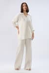 Buy_Raw & Rustic By Niti Bothra_Beige Linen Embroidery Collared, Split V-neck Top And Pant Set _at_Aza_Fashions