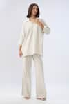 Buy_Raw & Rustic By Niti Bothra_Beige Linen Embroidery Collared, Split V-neck Top And Pant Set _Online_at_Aza_Fashions