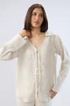 Shop_Raw & Rustic By Niti Bothra_Beige Linen V-neck, Collared Tie-up Shirt With Pant _Online_at_Aza_Fashions