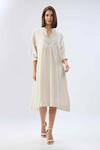 Buy_Raw & Rustic By Niti Bothra_Beige Linen Embroidery V-neck, Collared Lace Trim Yoke Dress _at_Aza_Fashions