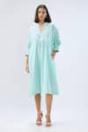 Buy_Raw & Rustic By Niti Bothra_Aqua Linen Embroidery V-neck, Collared Lace Trim Yoke Dress _at_Aza_Fashions