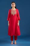 Shop Samyukta Singhania Red Chanderi, Shantoon Embroidery, Beads, Lace Round Neck Mul Anarkali Set Online at Aza Fashions Shop_Samyukta Singhania_Red Chanderi, Shantoon Embroidery, Beads, Lace Round Neck Mul Anarkali Set _Online_at_Aza_Fashions