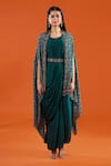 Samyukta Singhania Green Chinon Embroidery Open Neck Printed Cape And Draped Saree Dress Set Online at Aza Fashions Samyukta Singhania_Green Chinon Embroidery Open Neck Printed Cape And Draped Saree Dress Set _Online_at_Aza_Fashions