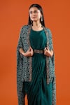 Samyukta Singhania Green Chinon Embroidery Open Neck Printed Cape And Draped Saree Dress Set at Aza Fashions Samyukta Singhania_Green Chinon Embroidery Open Neck Printed Cape And Draped Saree Dress Set _at_Aza_Fashions