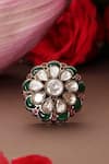 Shop_Swabhimann_Gold Plated Gemstones, Kundan And Green Floral Ring _at_Aza_Fashions