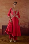 Buy_Vinita Bhansali_Red Organza, Zari, Sequins, Metallic Thread, Eka Jacket Anarkali Set _at_Aza_Fashions