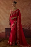 Vinita Bhansali Red Silk Sequins, Zari, Embroidery Square Neck Sahba Saree With Blouse Online at Aza Fashions Vinita Bhansali_Red Silk Sequins, Zari, Embroidery Square Neck Sahba Saree With Blouse _Online_at_Aza_Fashions