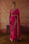 Vinita Bhansali Pink Silk Embroidery, Zari, Metallic Thread V-neck Gulaban Saree With Blouse at Aza Fashions Vinita Bhansali_Pink Silk Embroidery, Zari, Metallic Thread V-neck Gulaban Saree With Blouse _at_Aza_Fashions