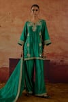 Vinita Bhansali_Green , Organza Embroidery, Zari, Sequins Split V-neck Vanhi Kurta Set _Online_at_Aza_Fashions