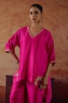 Vinita Bhansali_Pink Silk Embroidery V-neck Priyam Top With Pant _Online_at_Aza_Fashions