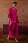 Buy_Vinita Bhansali_Pink Silk Embroidery V-neck Priyam Top With Pant _Online_at_Aza_Fashions