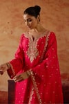 Vinita Bhansali_Red , Organza Embroidery, Sequins Split V-neck Eka Kurta Set _Online_at_Aza_Fashions