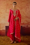 Buy_Vinita Bhansali_Red , Organza Embroidery, Sequins Split V-neck Eka Kurta Set _at_Aza_Fashions