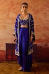 Buy_Vinita Bhansali_Blue Silk Sequins, Beads Open Neck, Samara Embroidered Cape Draped Skirt Set _Online_at_Aza_Fashions