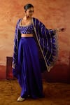 Shop_Vinita Bhansali_Blue Silk Sequins, Beads Open Neck, Samara Embroidered Cape Draped Skirt Set _Online_at_Aza_Fashions
